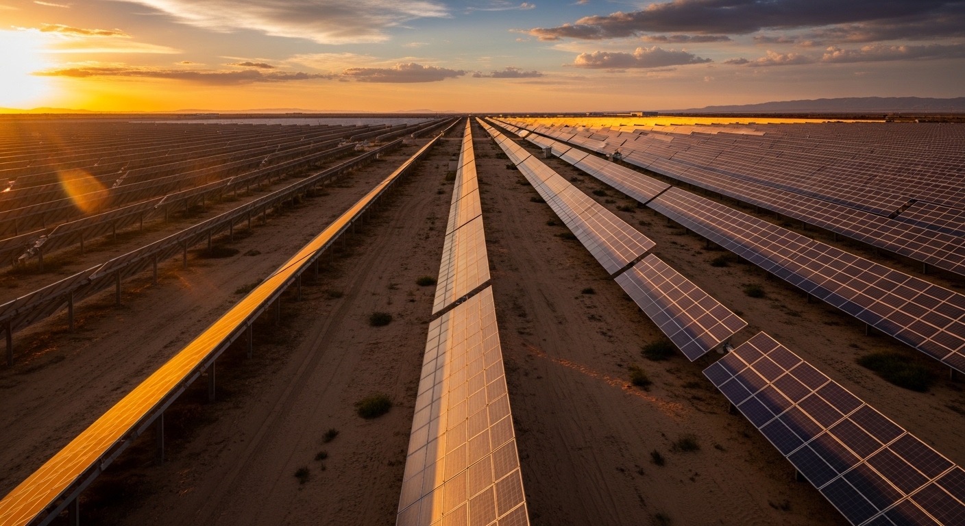Vast solar farm in desert at golden hour