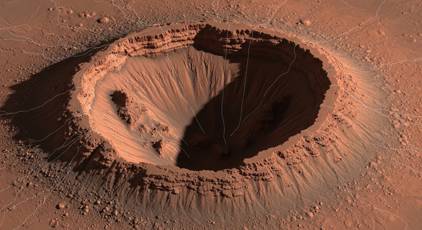 Caldera do Olympus Mons vista de cima, mostrando colapsos concêntricos