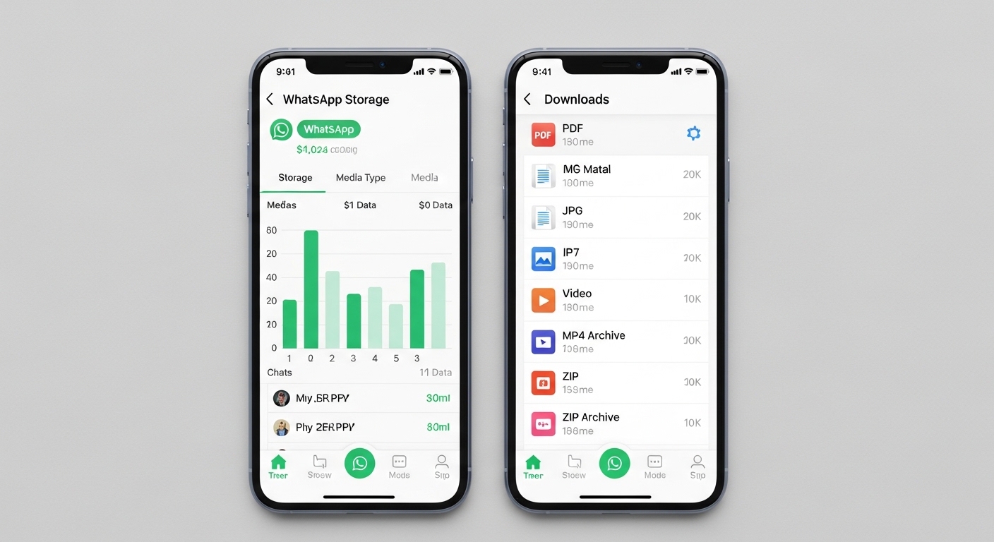 Two phones showing WhatsApp storage and downloads folder