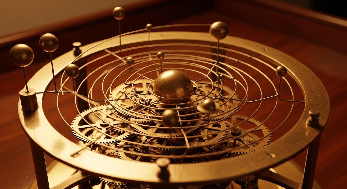 Brass orrery showing planetary orbital rings