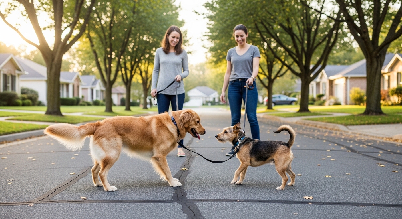 two leashed dogs meeting on neighborhood street
