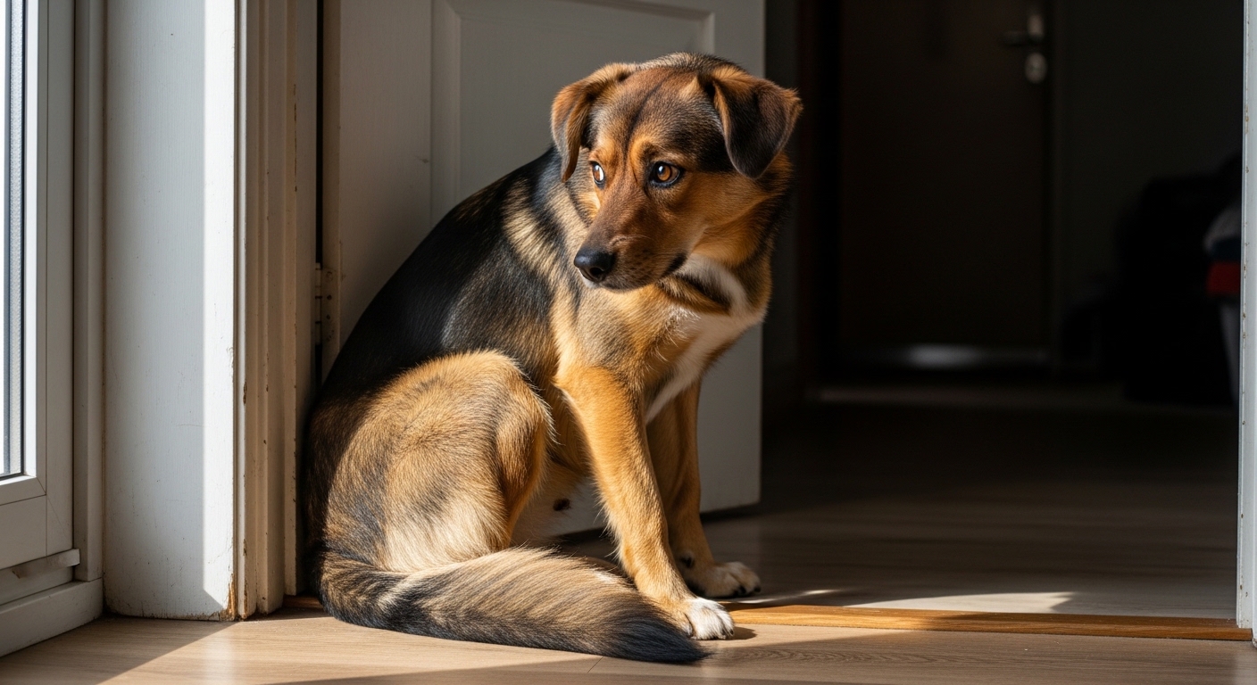 nervous dog with tucked tail sitting near doorway