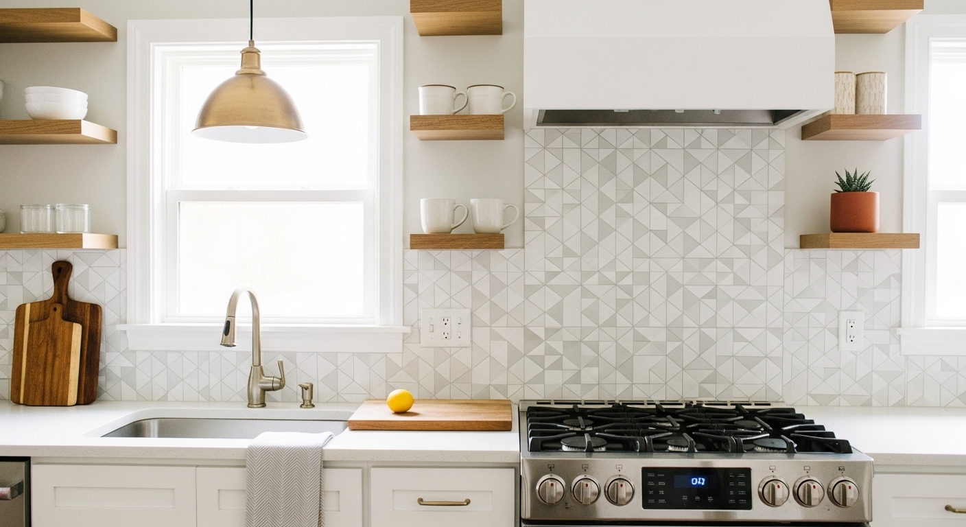 Styled kitchen after DIY backsplash makeover with open shelves and morning light