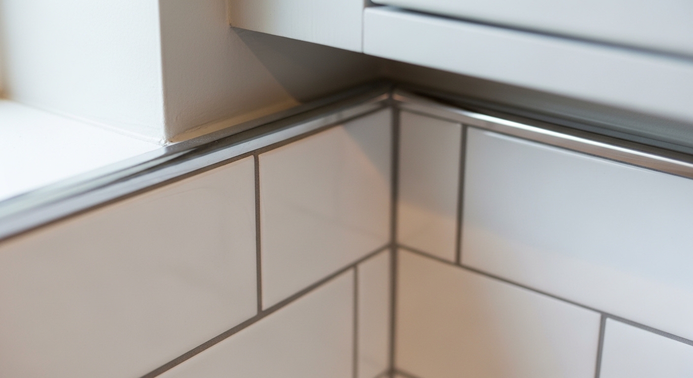 Close-up of clean tile edge trim detail on a DIY kitchen backsplash