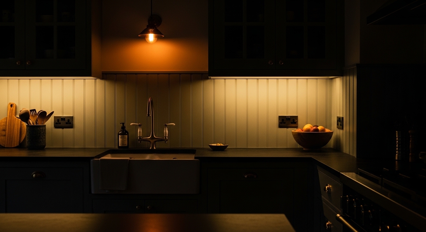 Warm under-cabinet lighting highlighting a sage green beadboard kitchen backsplash