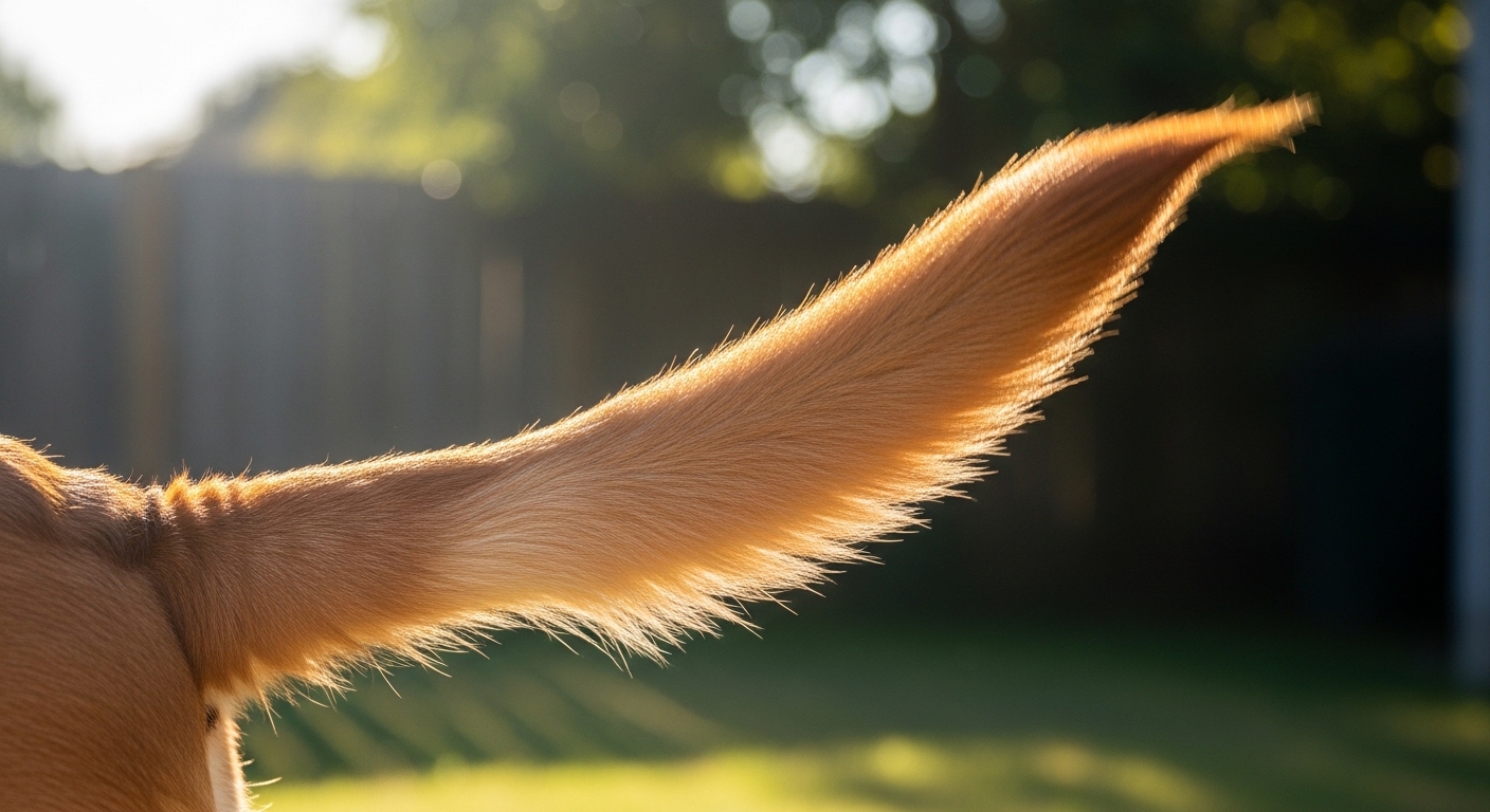 close-up of dog tail mid-wag in backyard