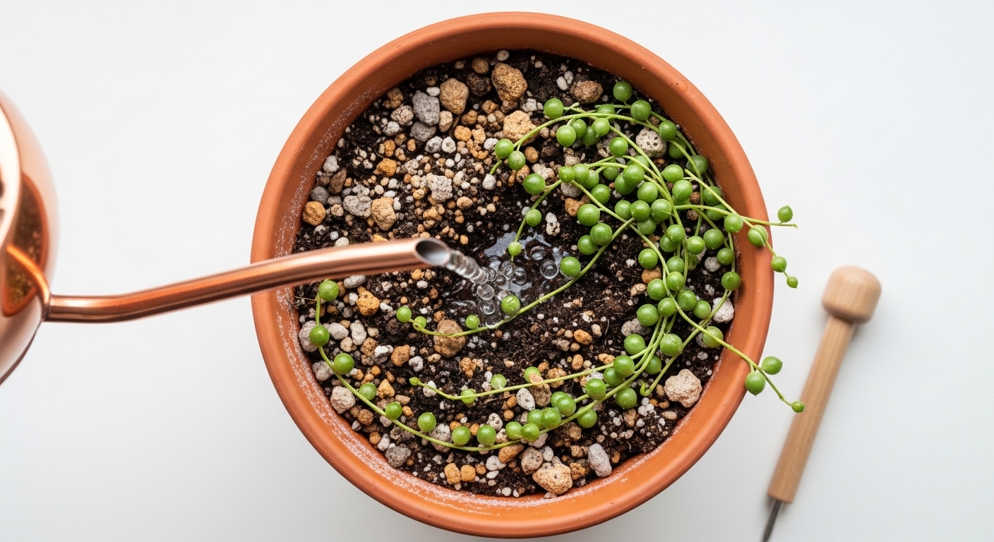 Watering string of pearls from above showing fast-draining succulent soil