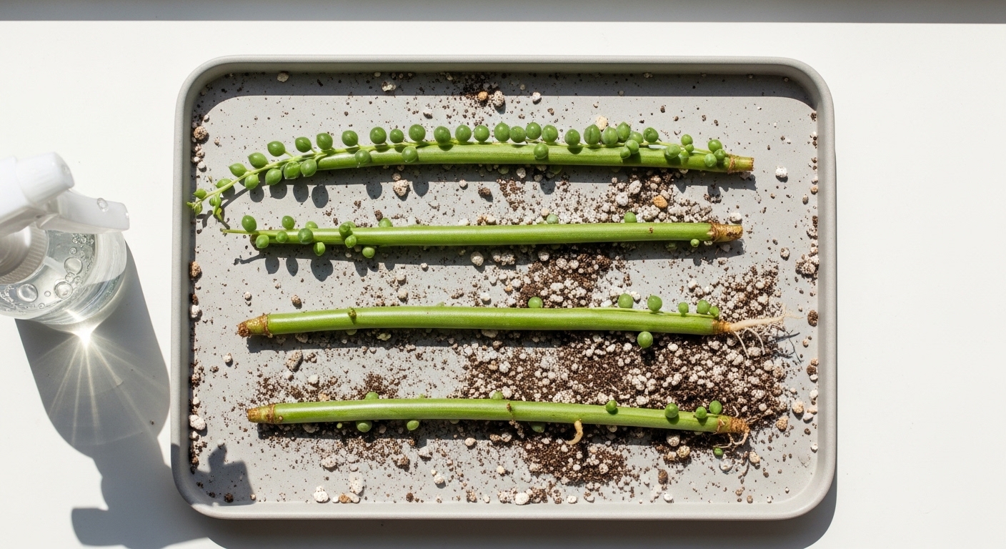 String of pearls cuttings laid on gritty soil for propagation
