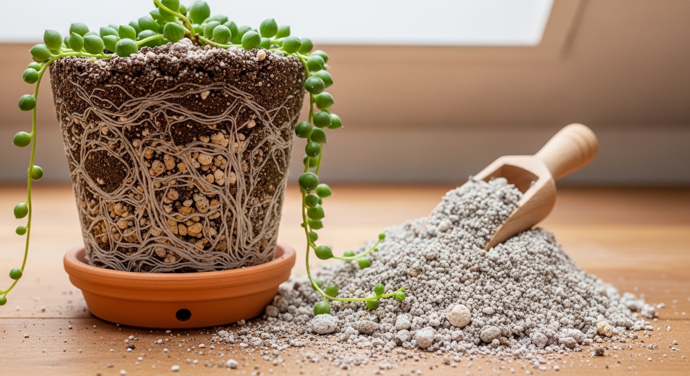 String of pearls root ball during repotting into terracotta with gritty soil mix