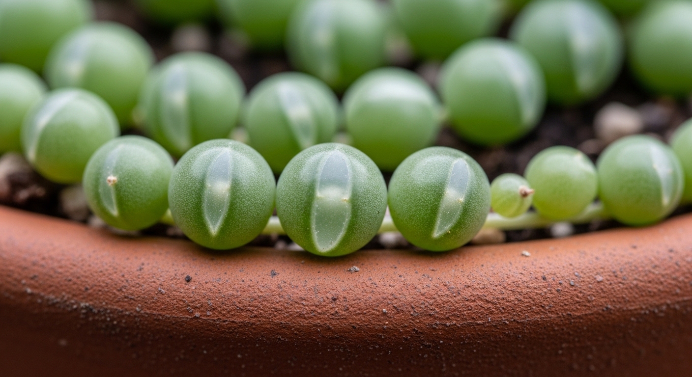 Macro view of string of pearls beads showing translucent epidermal window