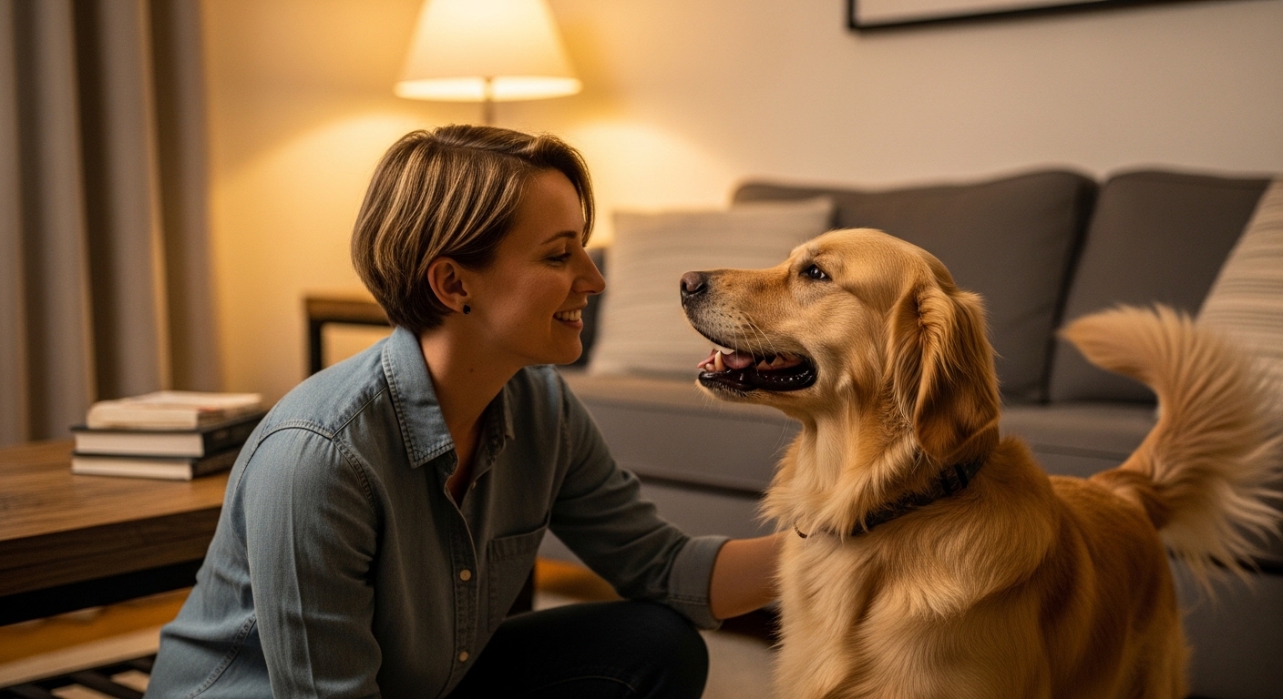 owner at eye level with golden retriever in living room