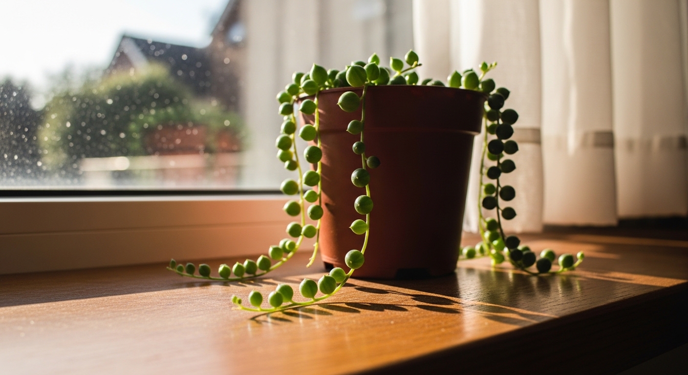 String of pearls on a sunny windowsill with sheer curtain diffusing light