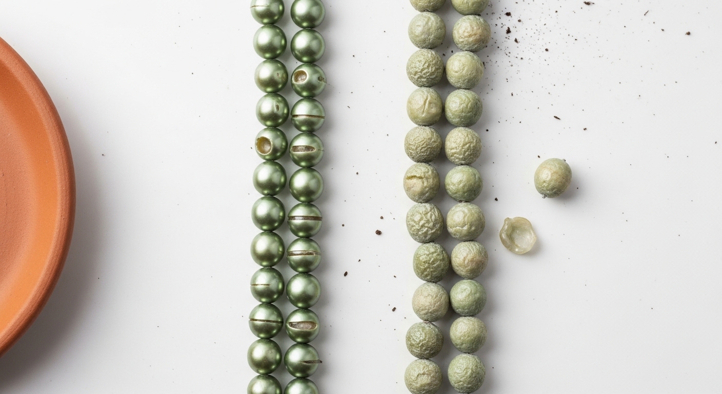 Healthy versus shriveled string of pearls strands compared side by side