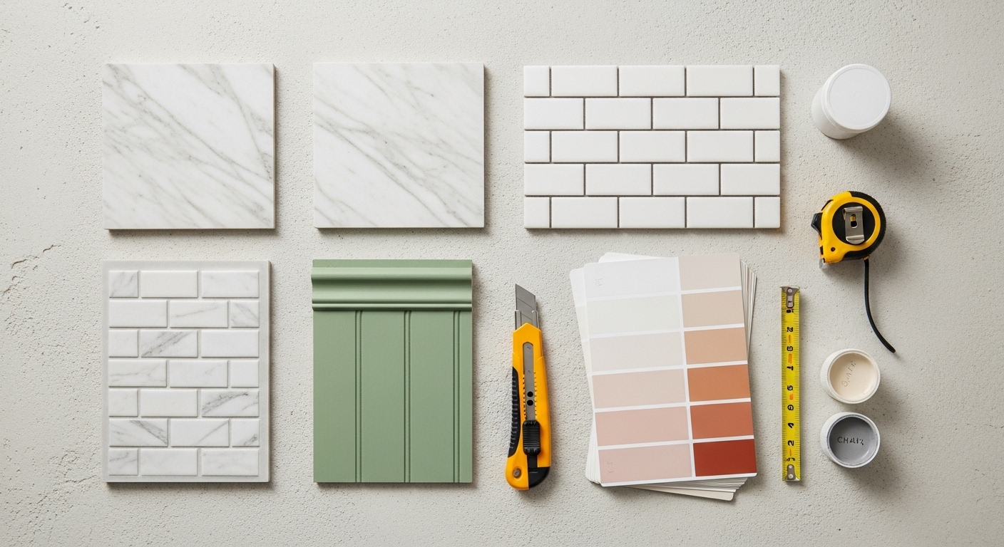Overhead flat-lay of DIY backsplash material options including tiles and paint