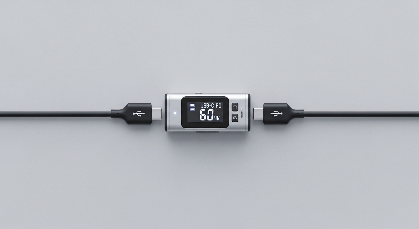 USB-C cable tester device showing readout between two cables