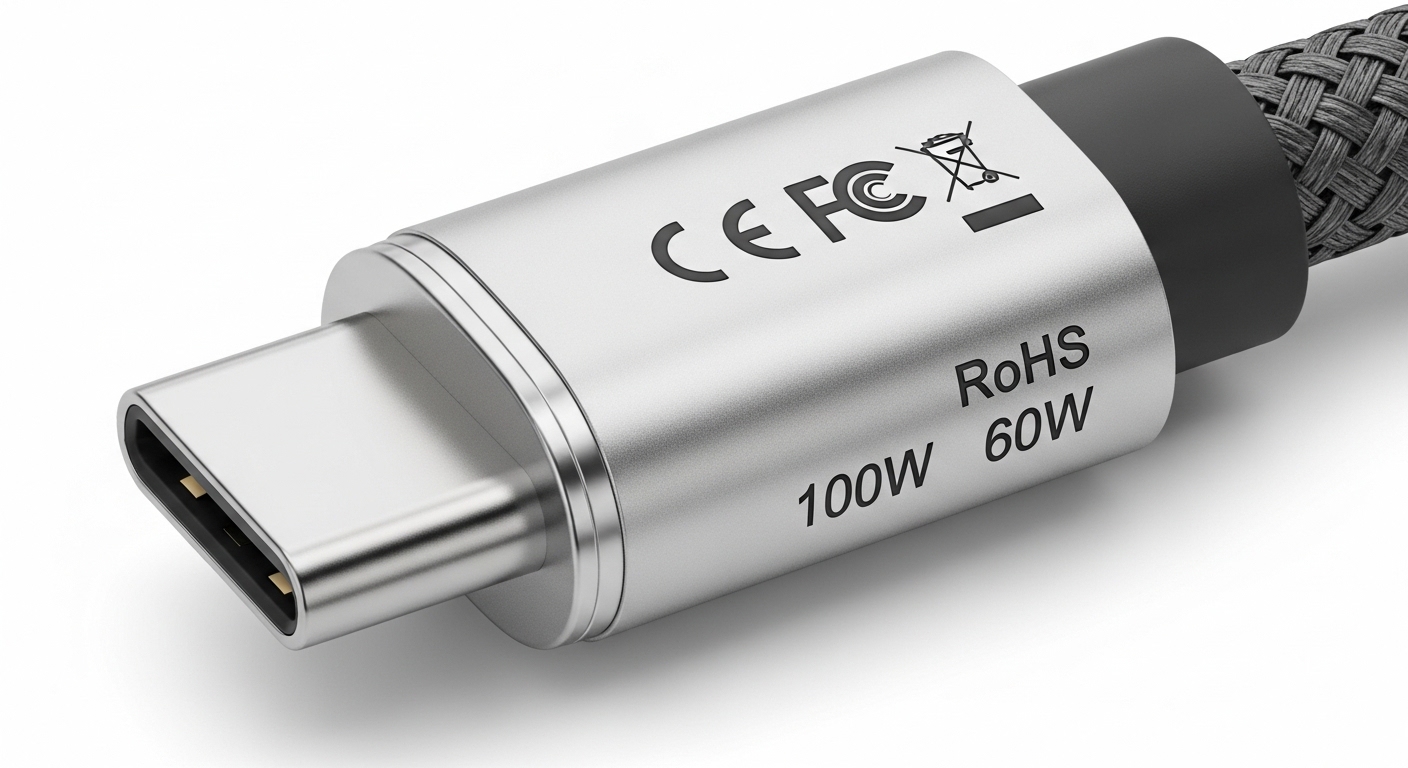 Close-up of USB-C cable tip with certification markings