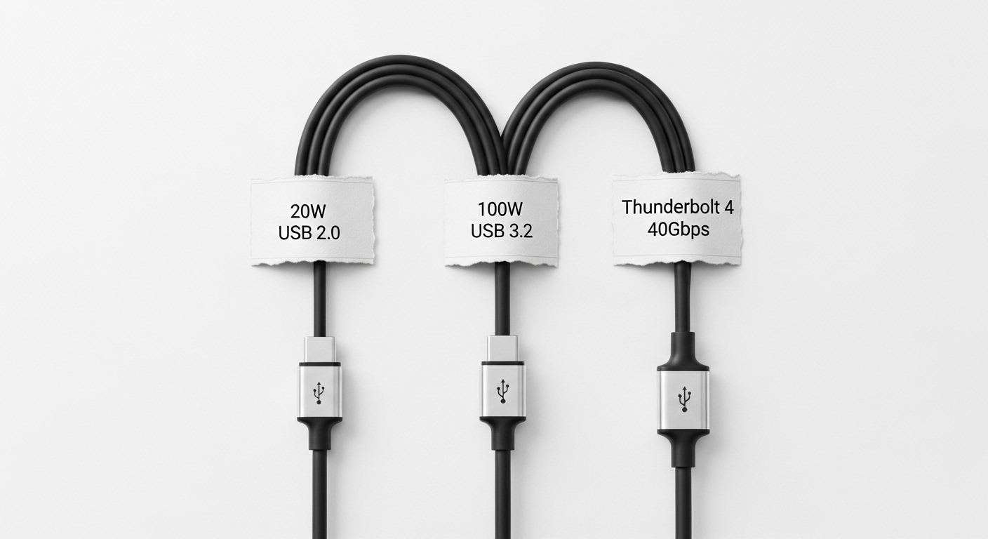 Three USB-C cables labeled with different power and data specs