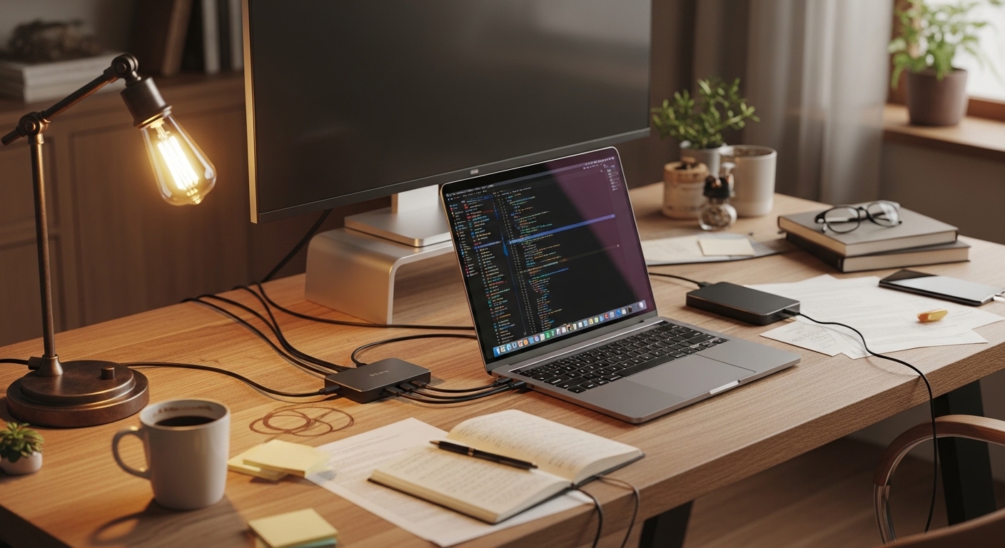 Home office desk with USB-C hub connecting laptop to peripherals