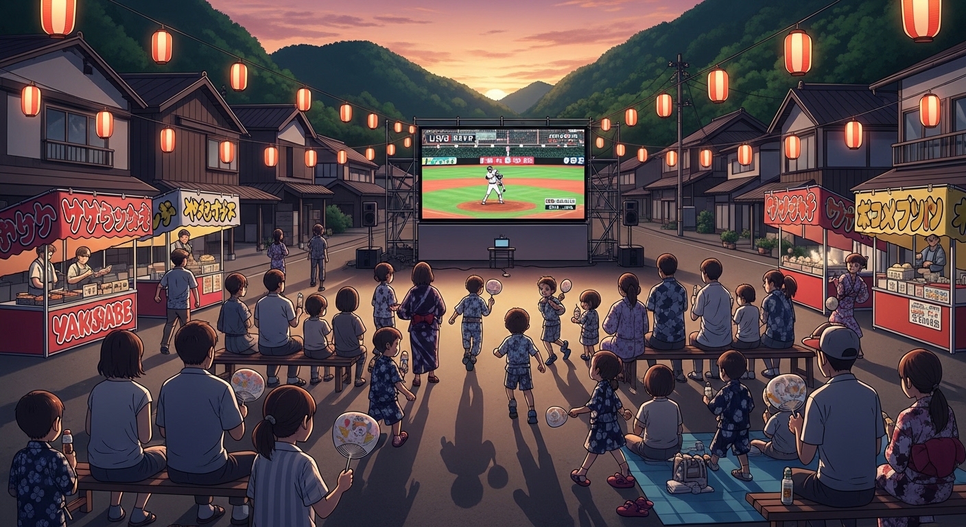 地方の町で高校野球中継を見守る住民たち