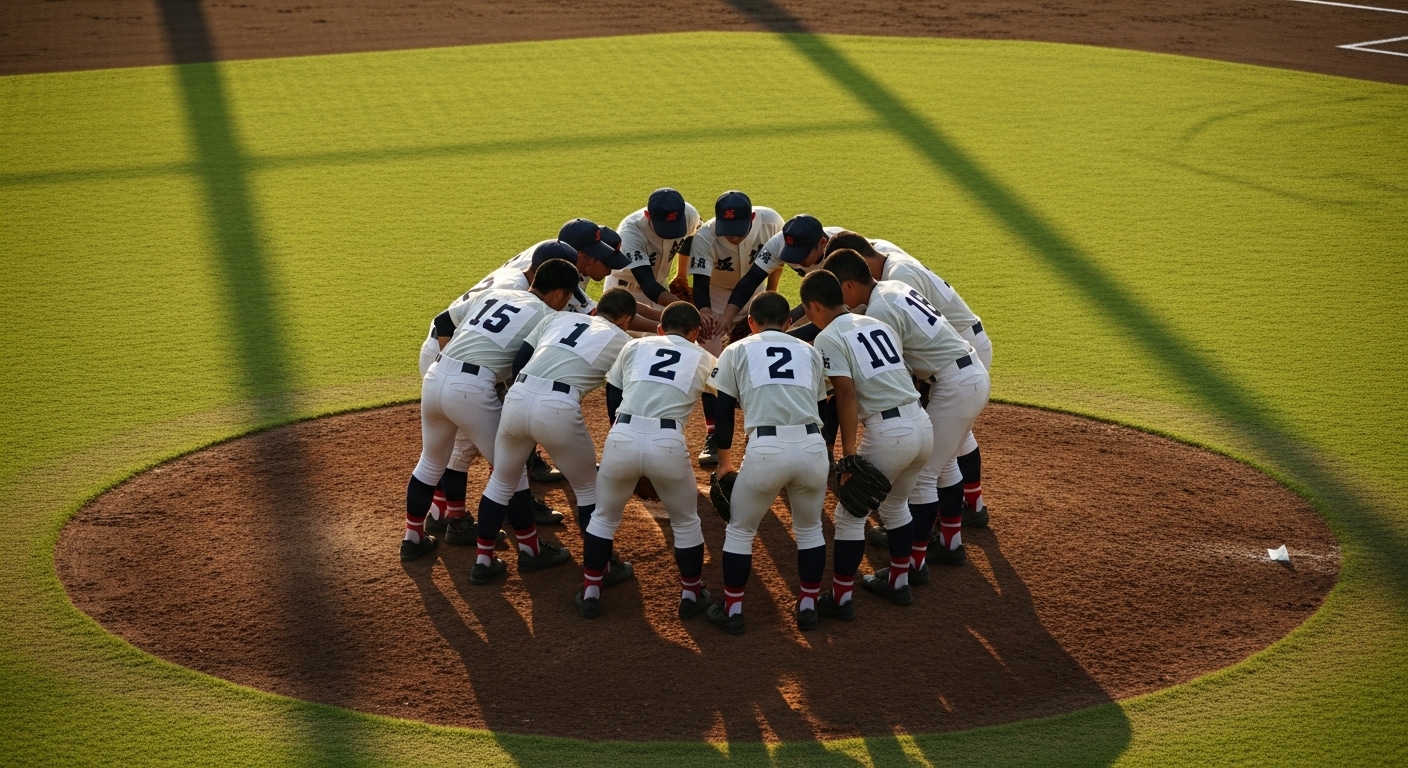 上空から見た高校野球チームの円陣