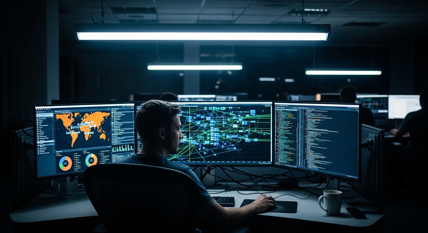 Cybersecurity analyst monitoring multiple security screens