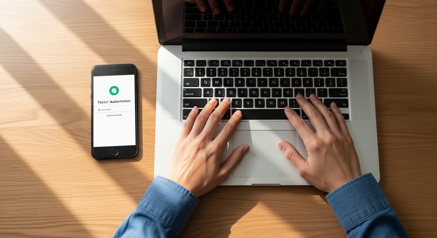 Hands on laptop with two-factor authentication on phone