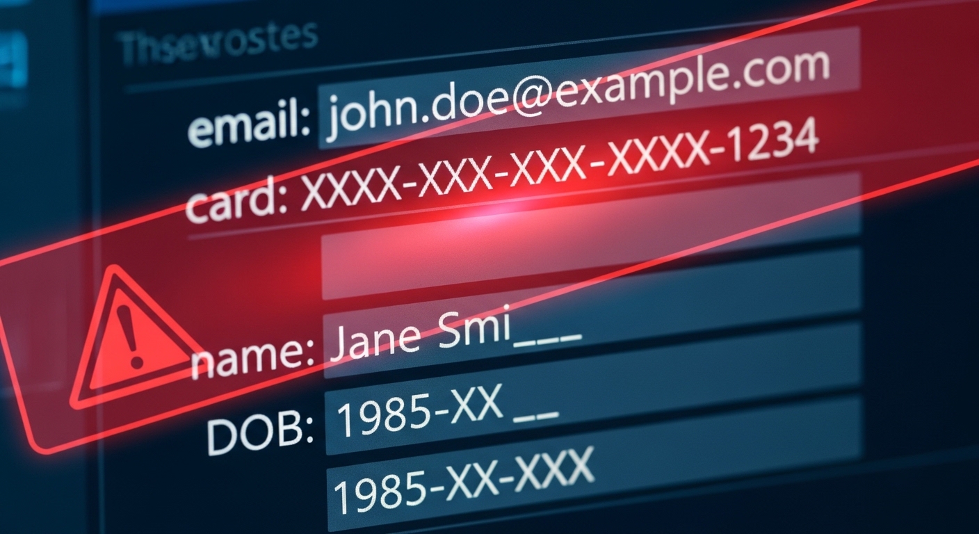 Screen showing fragmented personal data with warning