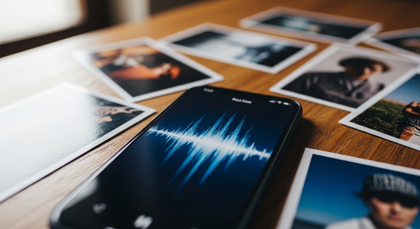 Audio waveform on phone screen beside printed photos