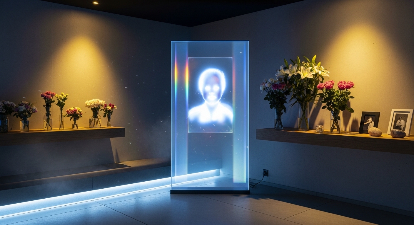 Digital memorial display in a softly lit memorial space