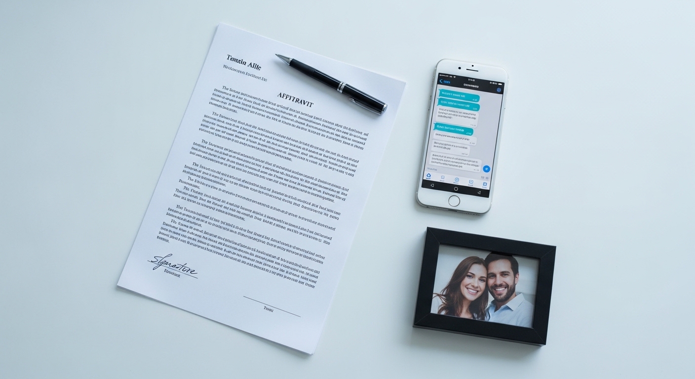 Legal document beside phone and personal photograph on desk