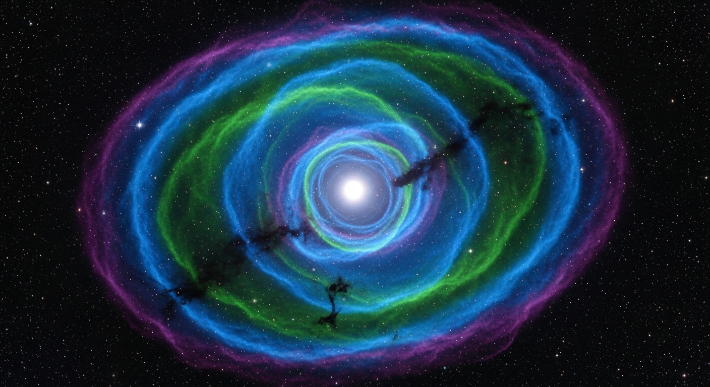 Glowing planetary nebula expanding in deep space