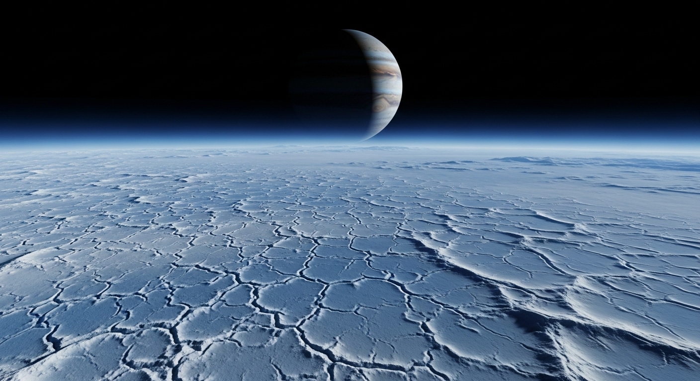 Europa icy surface with Jupiter in background