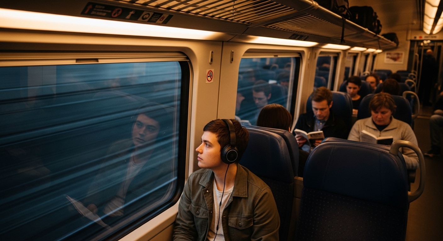 Commuter wearing headphones on moving train