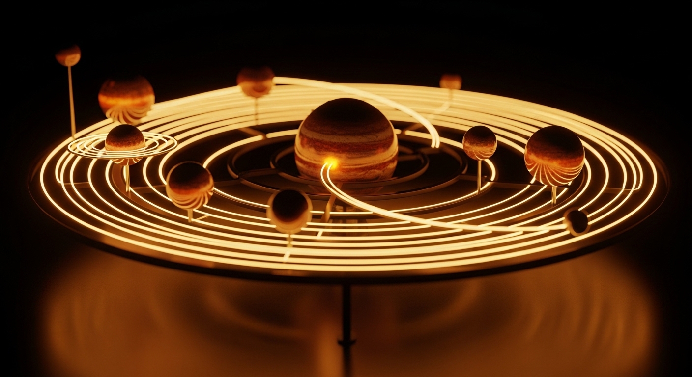Glowing orrery solar system model on dark surface