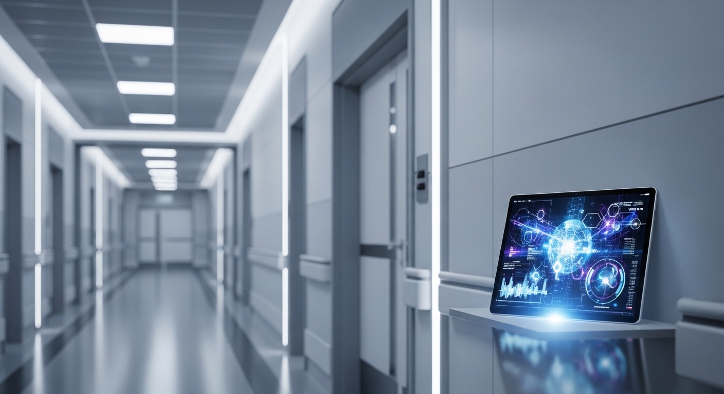 Krankenhausflur mit medizinischer KI-Datenanzeige