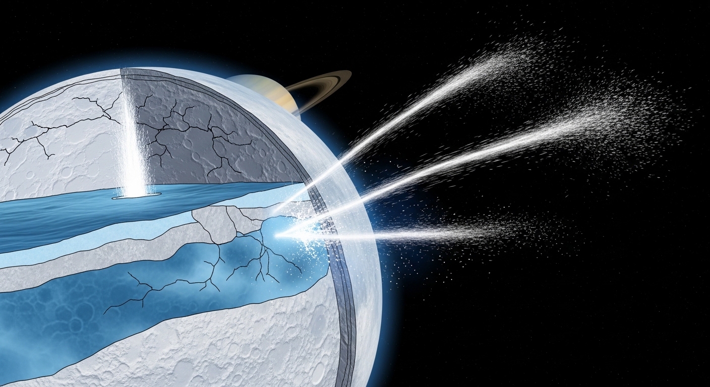 Enceladus subsurface ocean and geyser diagram