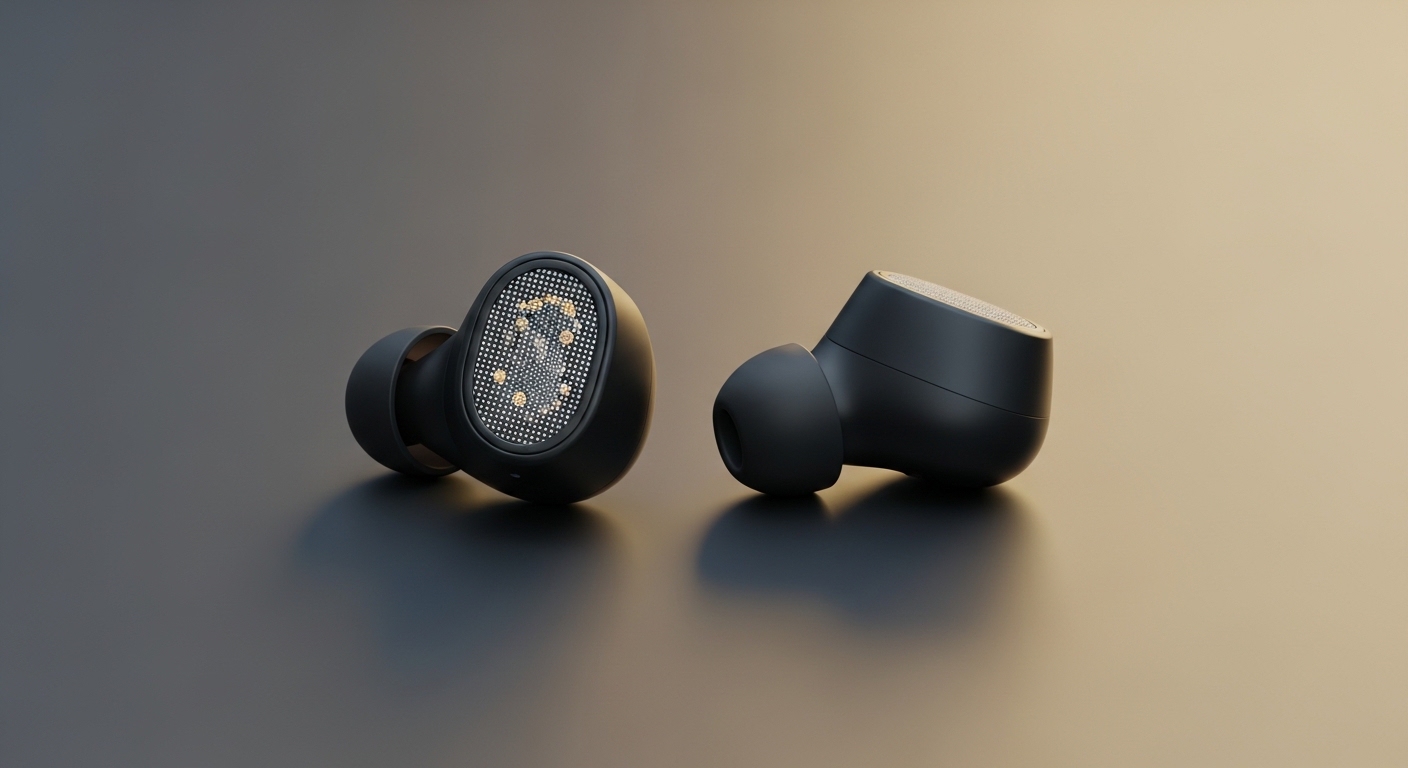 True wireless earbuds showing inner microphone detail