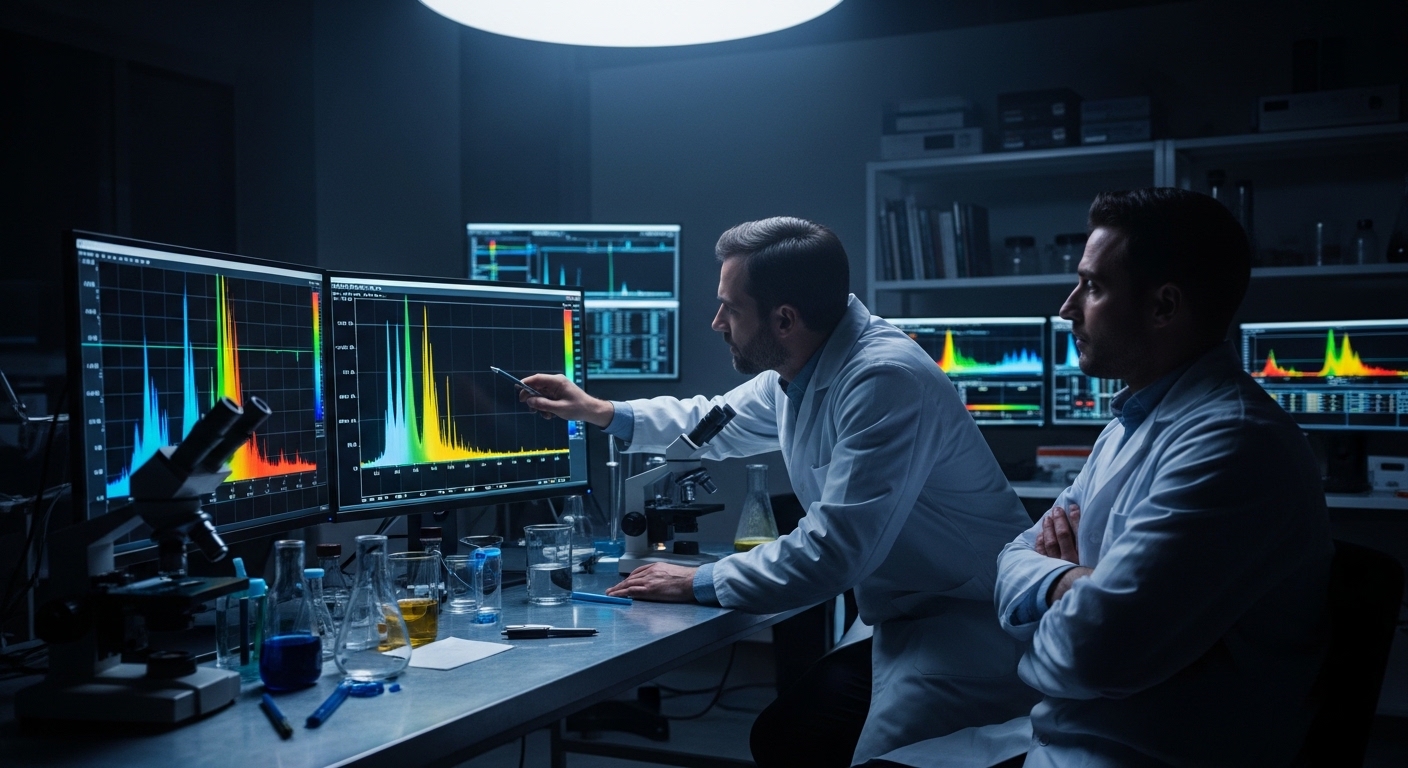 Scientists analyzing spectral data in laboratory