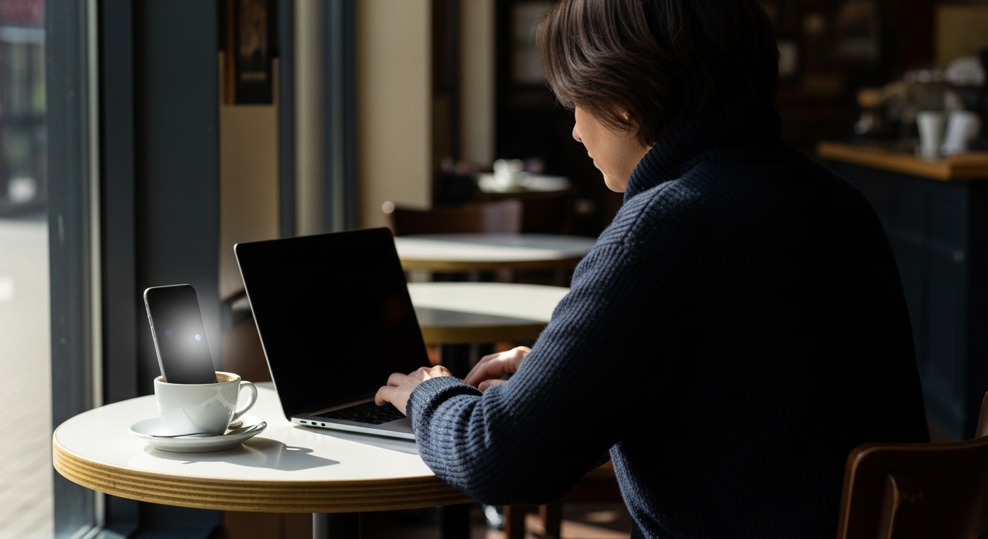 Person using smartphone hotspot at a café