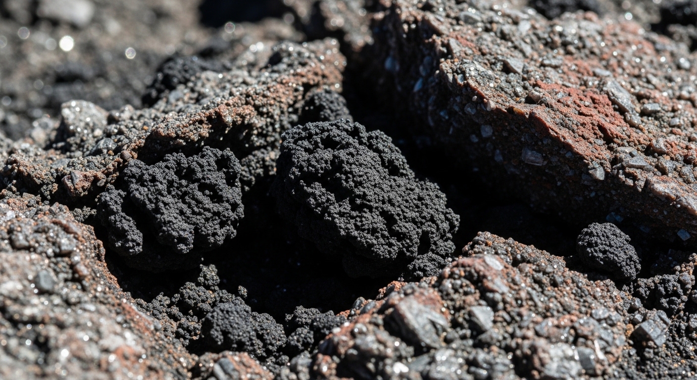 Organic material deposits on asteroid surface close-up
