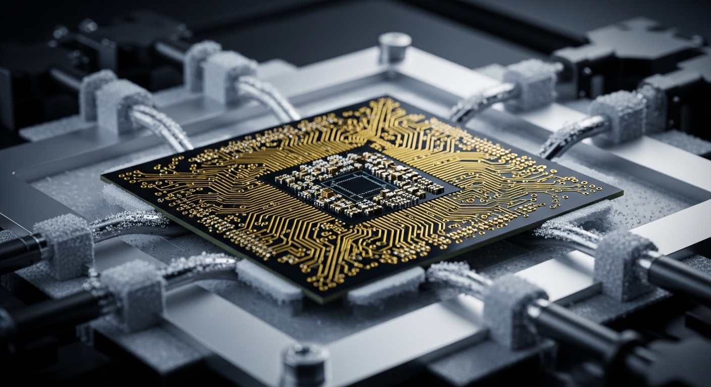 Close-up of quantum computer chip with circuit details
