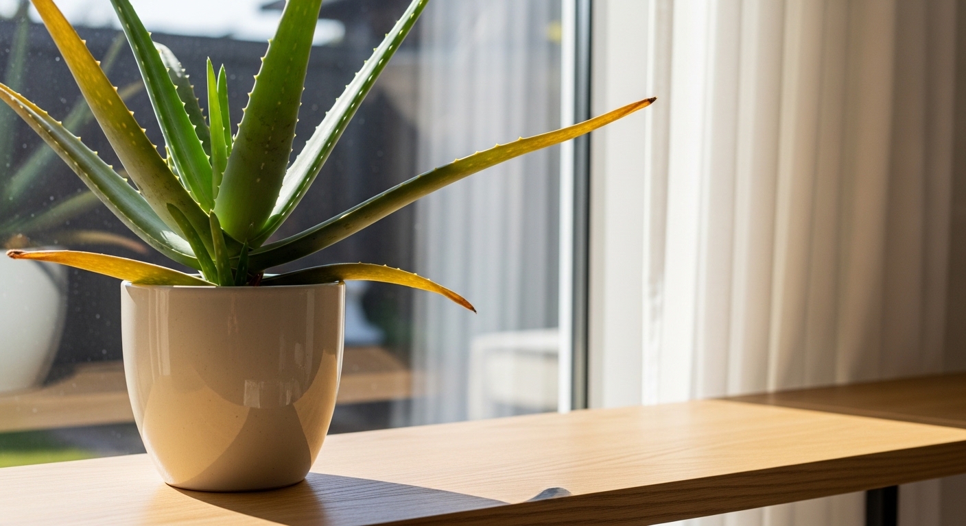Aloe vera beside bright south-facing window in morning light