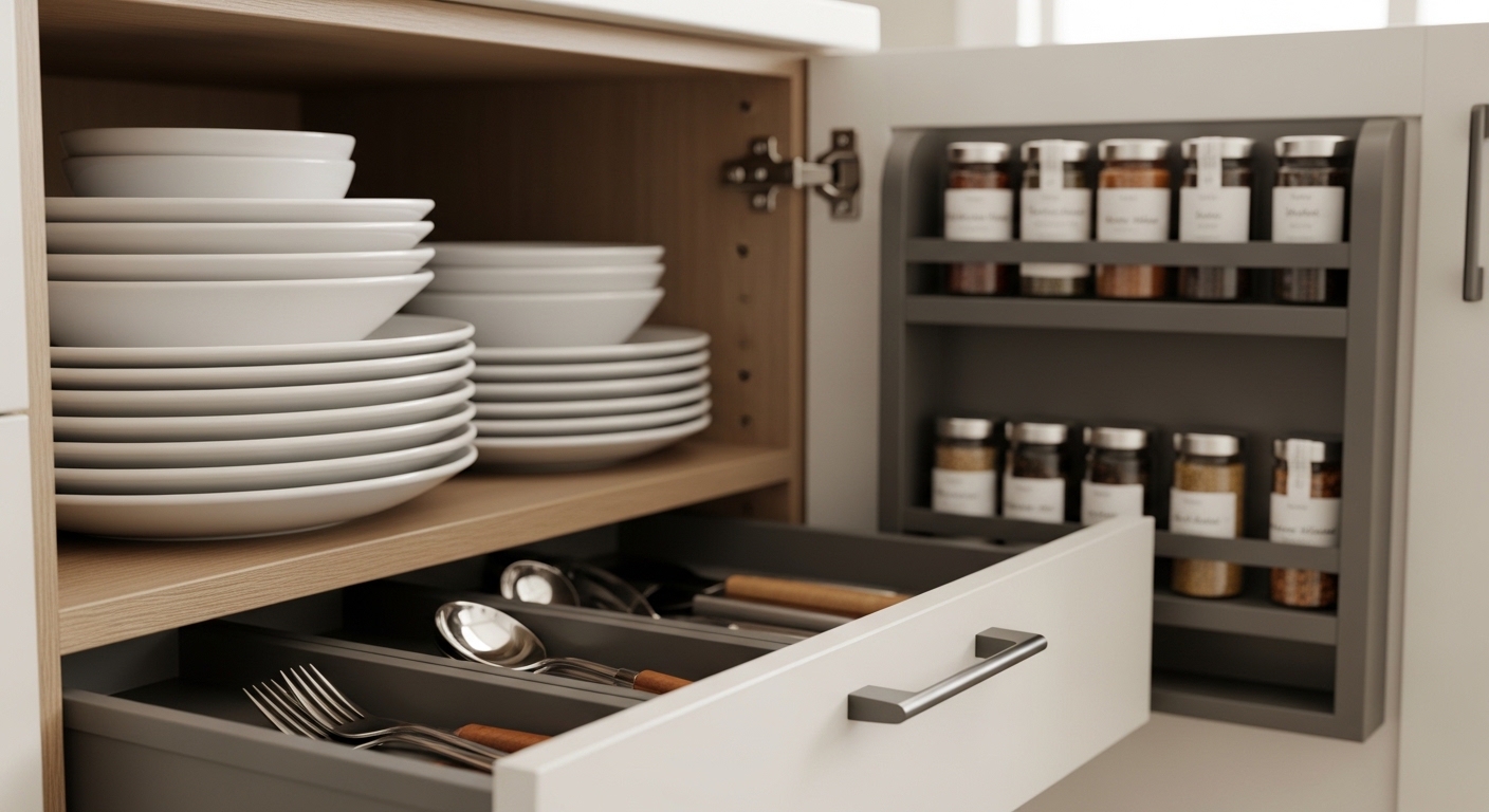 Inside view of organized kitchen cabinet with door-mounted spice rack