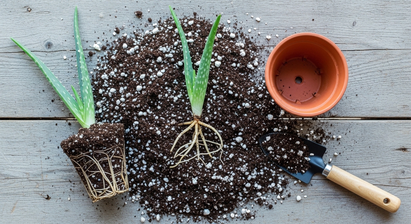 Aloe vera repotting with succulent soil mix and terracotta pot