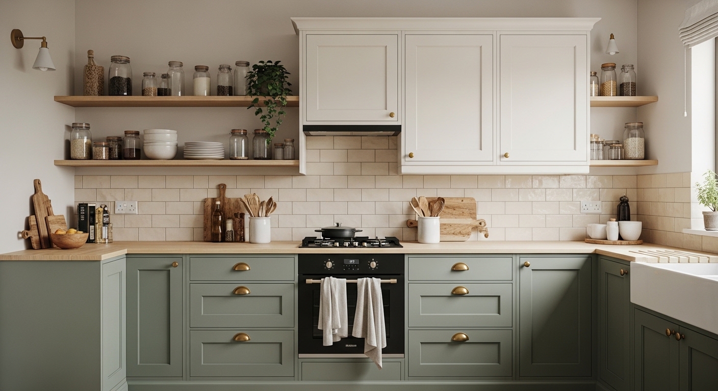 Sage green and cream small kitchen with brass hardware and open shelves