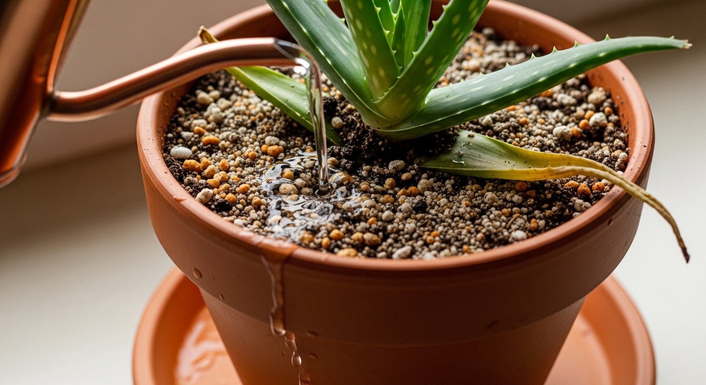 Watering aloe vera in terracotta pot with drainage visible