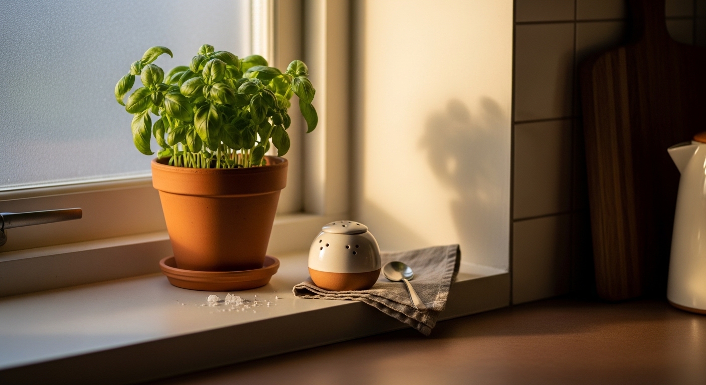 Kitchen windowsill with basil plant, ceramic salt cellar, and linen cloth