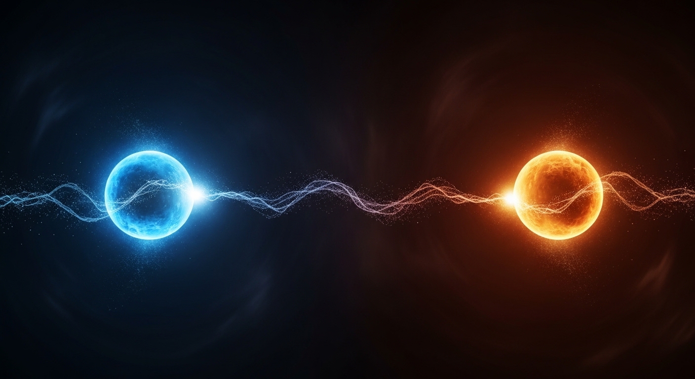 Two entangled quantum particles connected across space