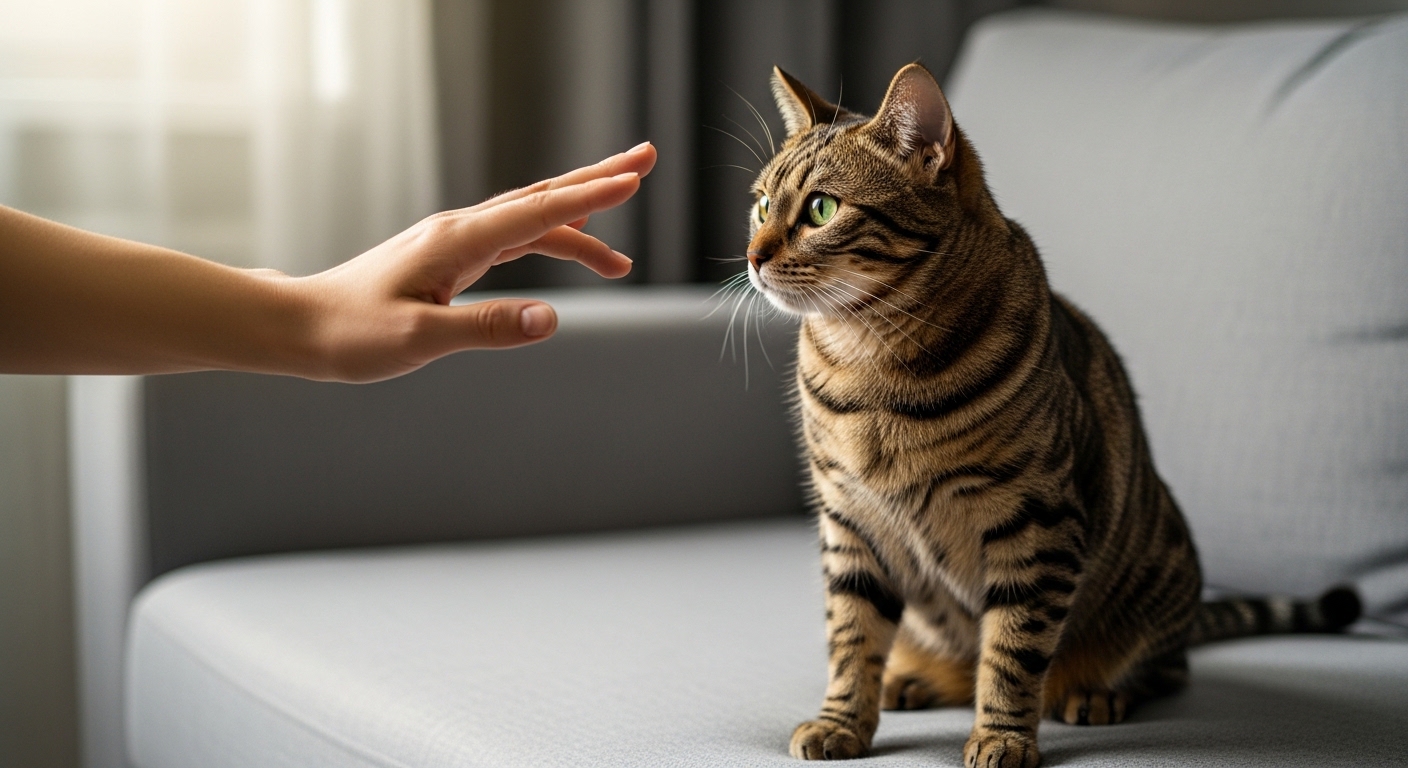 person calmly stopping petting an alert cat on sofa