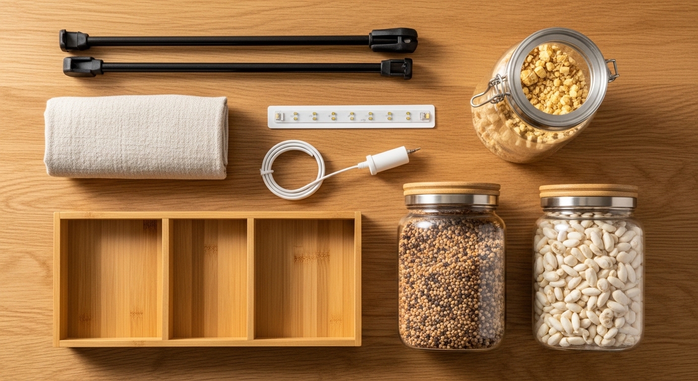 Overhead flat-lay of budget kitchen organization products on oak surface